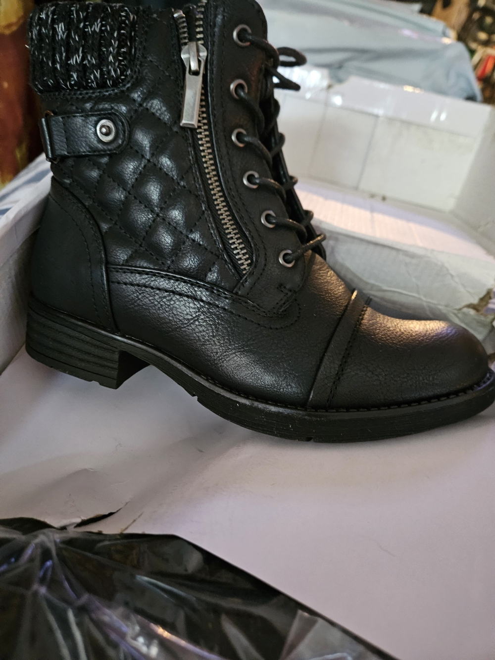 Women’s Black Quilted Lace-Up Ankle Boots